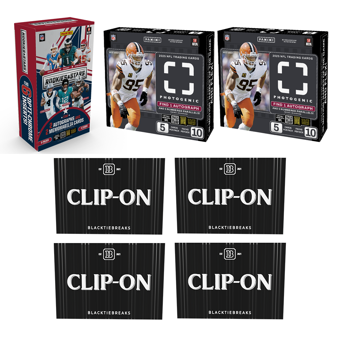 BREAK#015 SATURDAY 2025 Panini Photogenic Football Hobby (x2) + 2025 Panini Rookies & Stars Football Hobby + BlackTie Football Clip-On (x4) Pick Your Team (BS) 05/23/26 08:00 AM EST or RIP ON FILL