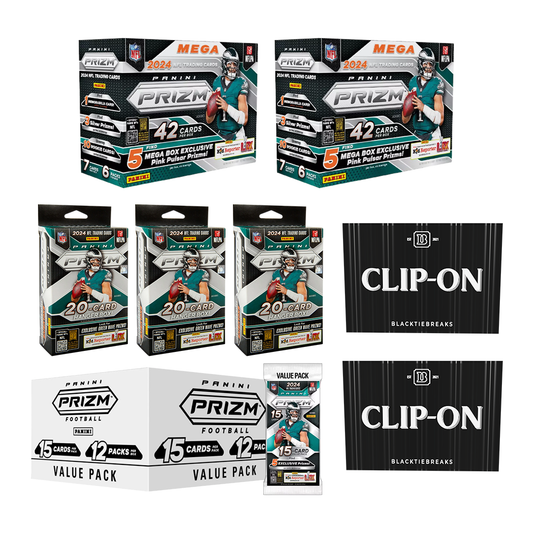 BREAK#122 **HAPPY HOUR** MONDAY 2024 Panini Prizm Football Mega (x2) + Panini Prizm Football Hanger (x3) + Panini Prizm Football Value Pack Box (12 Packs) + Panini Football Clip-On (x2) Pick Your Team (CT) 05/12/25 04:00 PM EST or RIP ON FILL