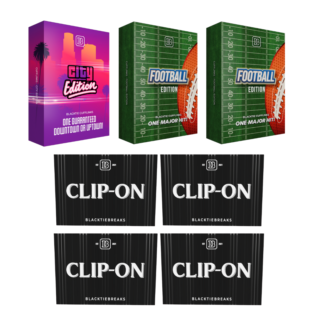 BREAK#185 FRIDAY  02/13/26 11:00 PM EST or RIP ON FILL BlackTie Football City Edition Cufflink + BlackTie Football Edition Cufflink (x2) + BlackTie Football Clip-On (x4) Pick Your Team (BP)