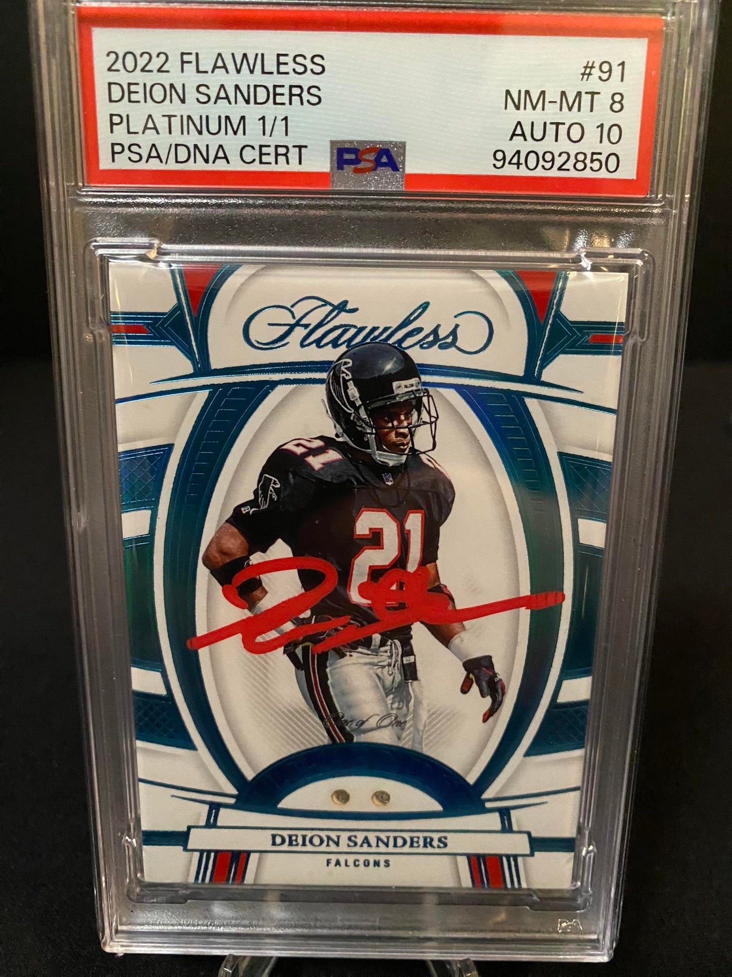 Deion Sanders 2022 Panini Flawless #91 Platinum 1/1 Auto PSA 8 Atlanta Falcons