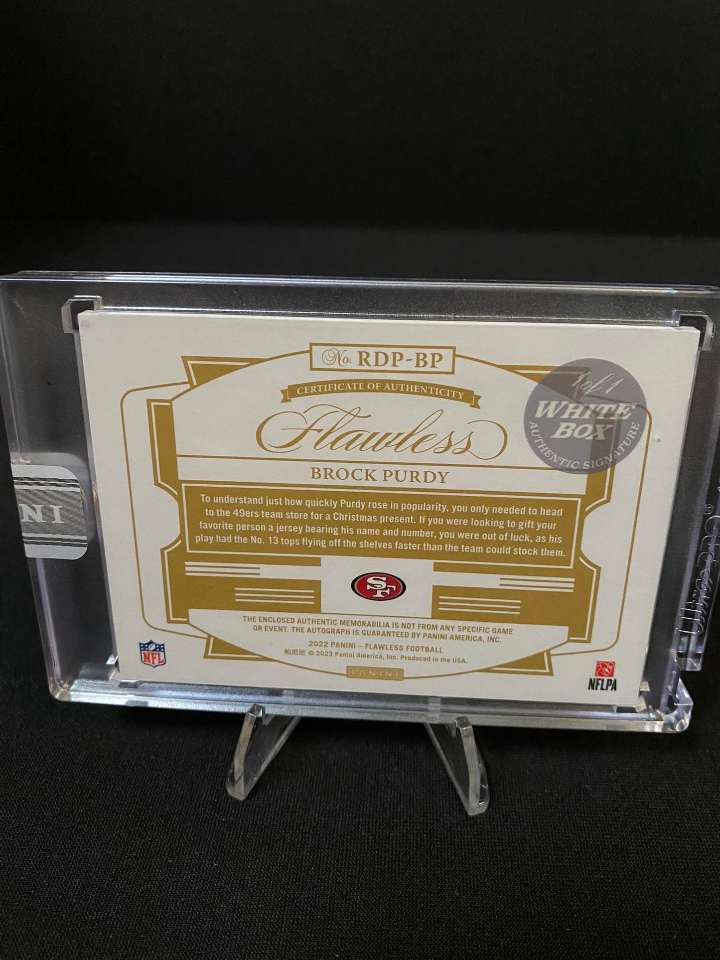 Brock Purdy 2023 Panini Flawless #RDP-BP White Box 1/1 Patch Auto