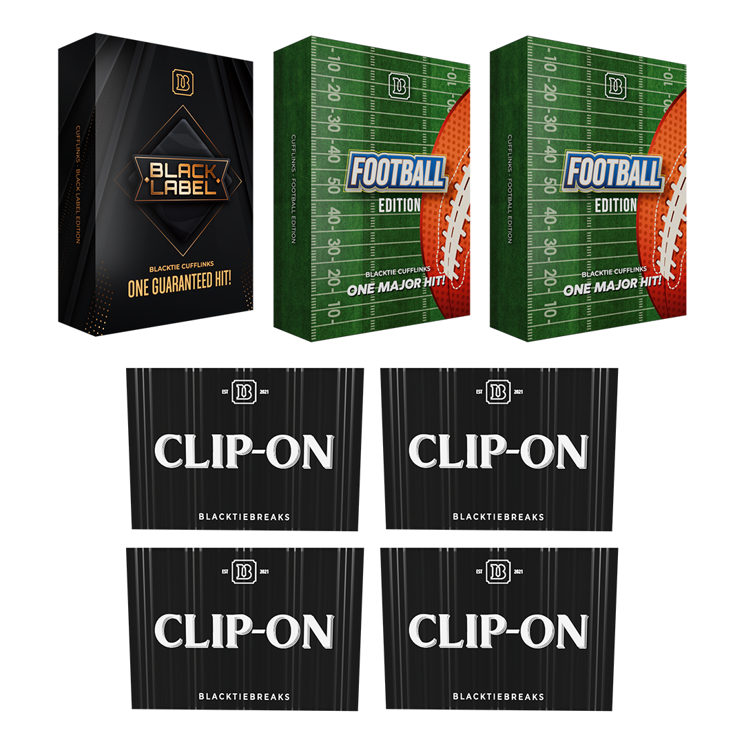 BREAK#459 WEDNESDAY 12/24/25 10:00 PM EST or RIP ON FILL BlackTie Football Black Label Edition Cufflink + BlackTie Football Edition Cufflink (x2) + BlackTie Football Clip-On (x4) Pick Your Team (SMFO)