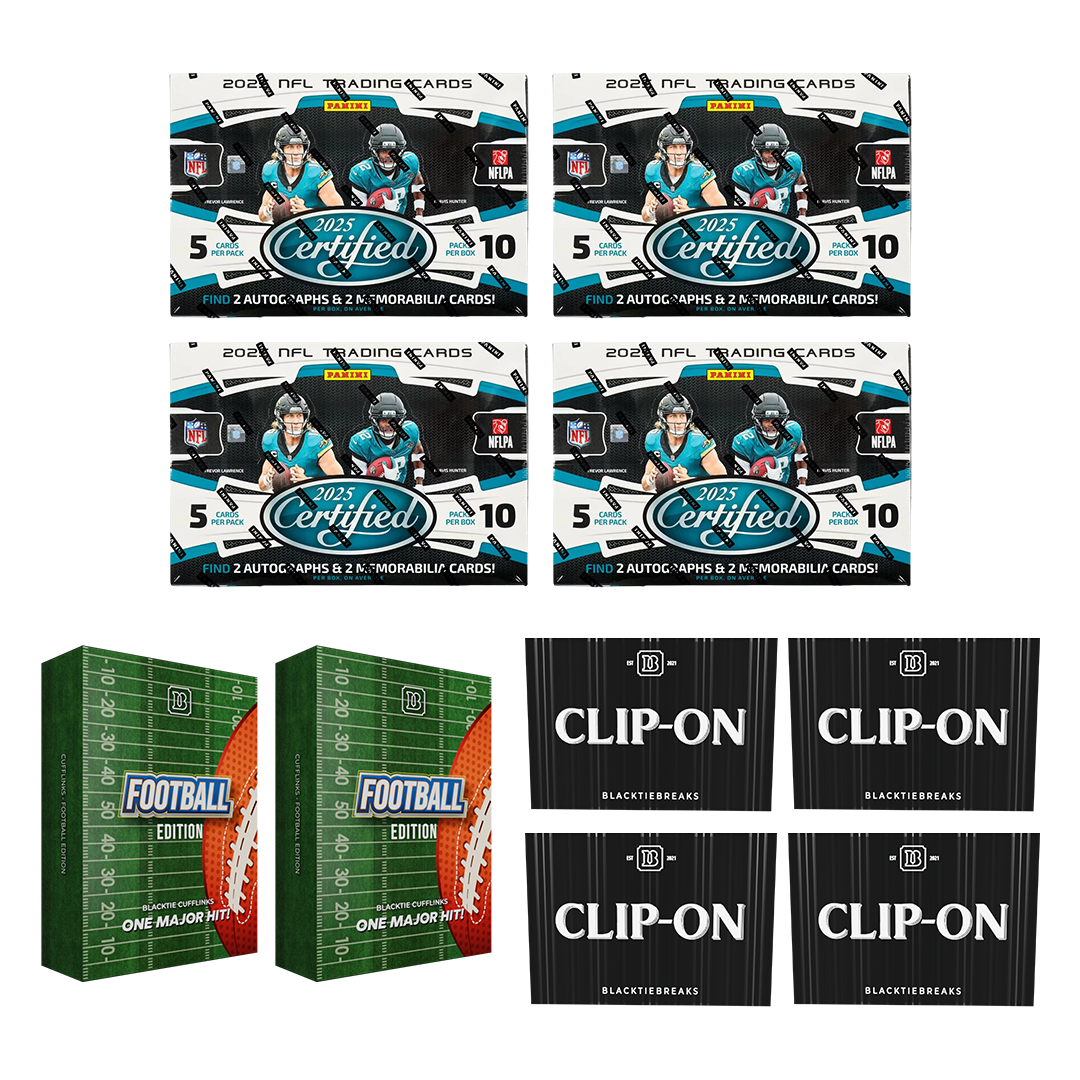 BREAK#339 WEDNESDAY 12/18/25 01:30 AM EST or RIP ON FILL 2025 Panini Certified Football Hobby (x4) + BlackTie Football Edition Cufflink (x2) + BlackTie Football Clip-On (x4) Pick Your Team (MDFO)