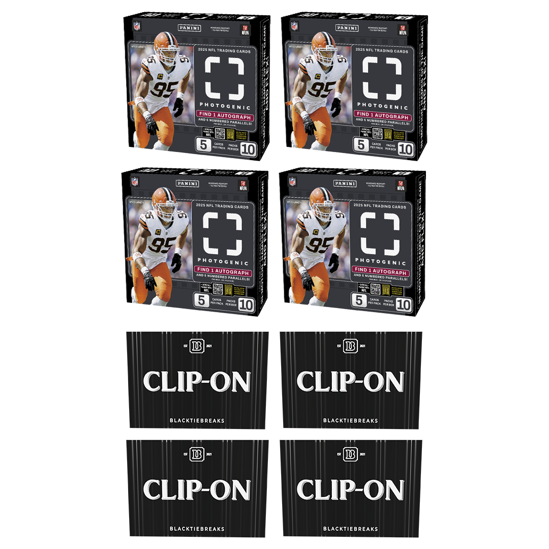 BREAK#443 TUESDAY  2025 Panini Photogenic Football Hobby (x4) + BlackTie Football Clip-On (x4) Pick Your Team (SM) 03/17/26 09:00 PM EST or RIP ON FILL