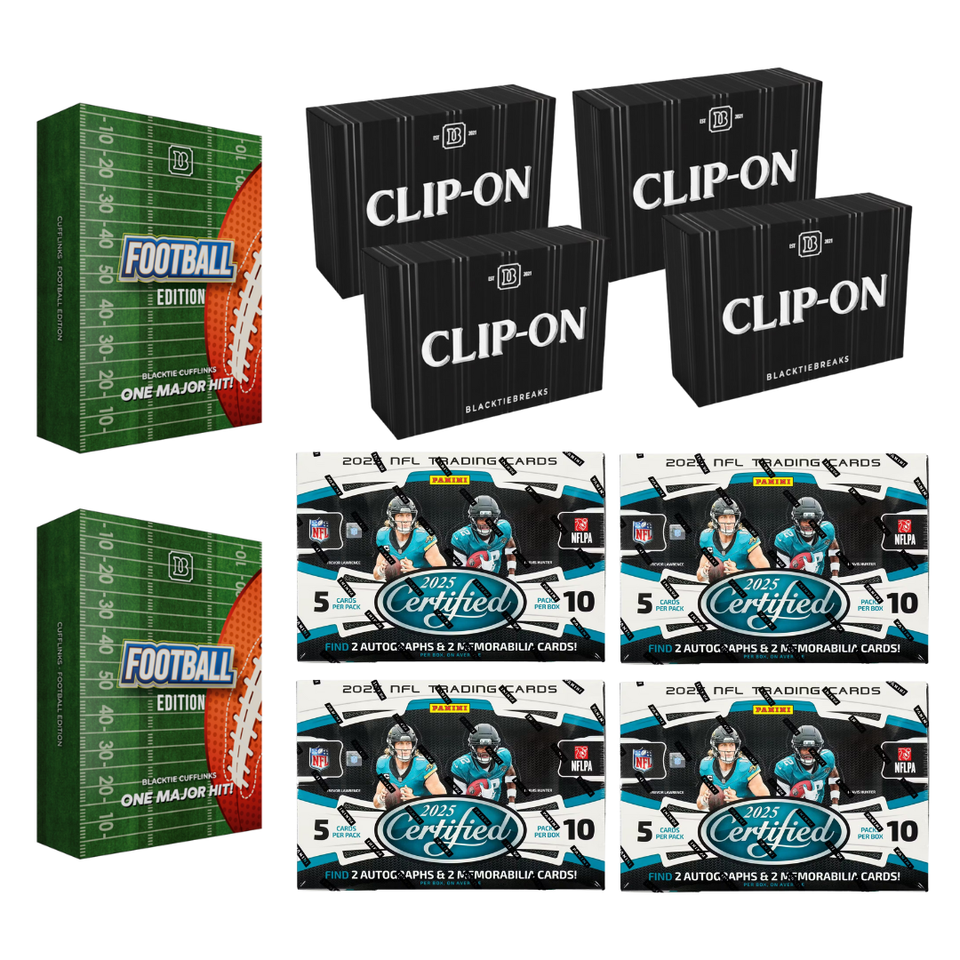 BREAK#491 FRIDAY 12/26/25 05:00 PM EST or RIP ON FILL 2025 Panini Certified Football Hobby (x4) + BlackTie Football Clip-On (x4) + BlackTite Football Edition Cufflink (x2) Pick Your Team (MDFO)