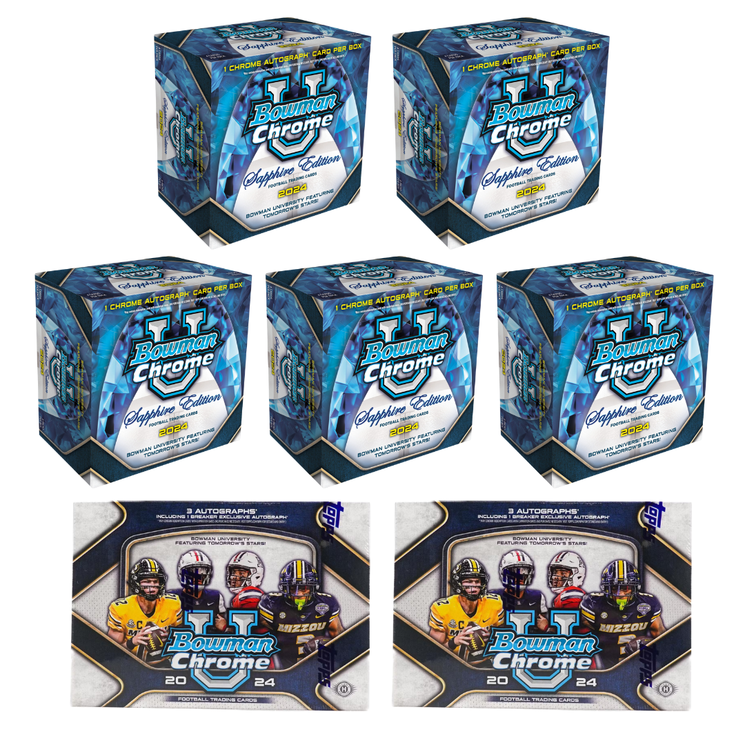 BREAK#828 **NEW RELEASE** SATURDAY 12:00 PM EST 2024 Bowman University Chrome Football Sapphire Hobby Half Case (5 Box) + Bowman University Chrome Football Breaker's Delight (x2) Pick Your Team (PYT) Sports Trading Card Break (JR)