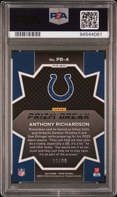 2023 Panini Prizm Prizm Break Anthony Richardson Blue Ice #PB4 PSA 8 Auto 10