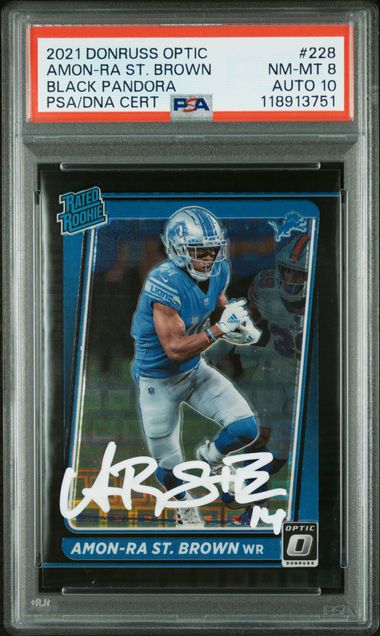 2021 Donruss Optic Amon-Ra St.Brown Black Pandora #228 PSA NM-MT 8 Auto 10