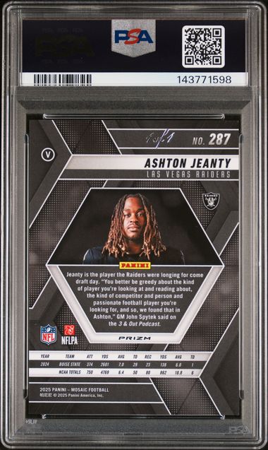 2025 Mosaic Ashton Jeanty Black No Huddle 1/1 #287 PSA Mint 9