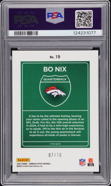 2024 Donruss Optic Bo Nix Downtown! Gold #19 PSA GM-MT 10 Auto 9