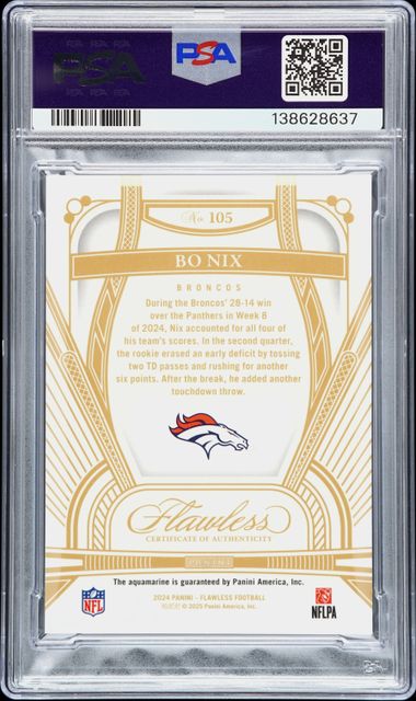 2024 Panini Flawless Bo Nix Aquamarine #105 PSA Gem MT 10 Auto 10