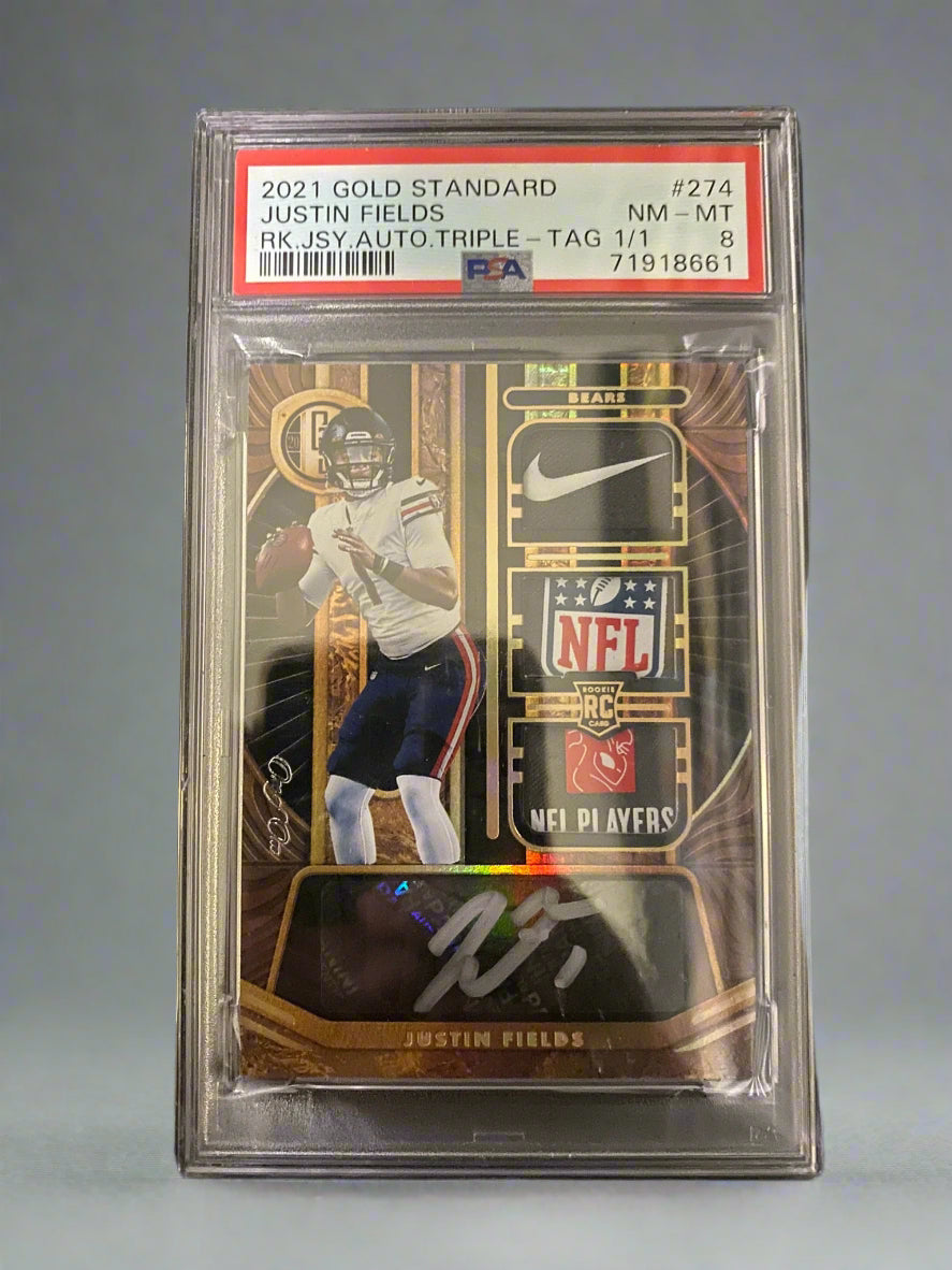 Justin Fields - 2021 Gold Standard Rookie Jersey Autograph Triple Tag 1/1 PSA Graded Trading Card