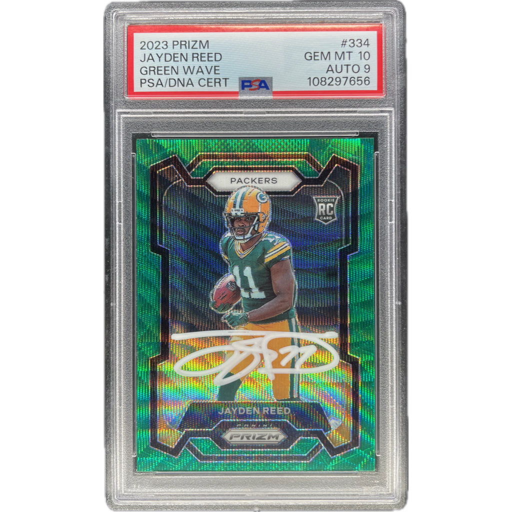 Jayden Reed - 2023 Panini Prizm Green Wave On-Card Auto PSA Graded Trading Card