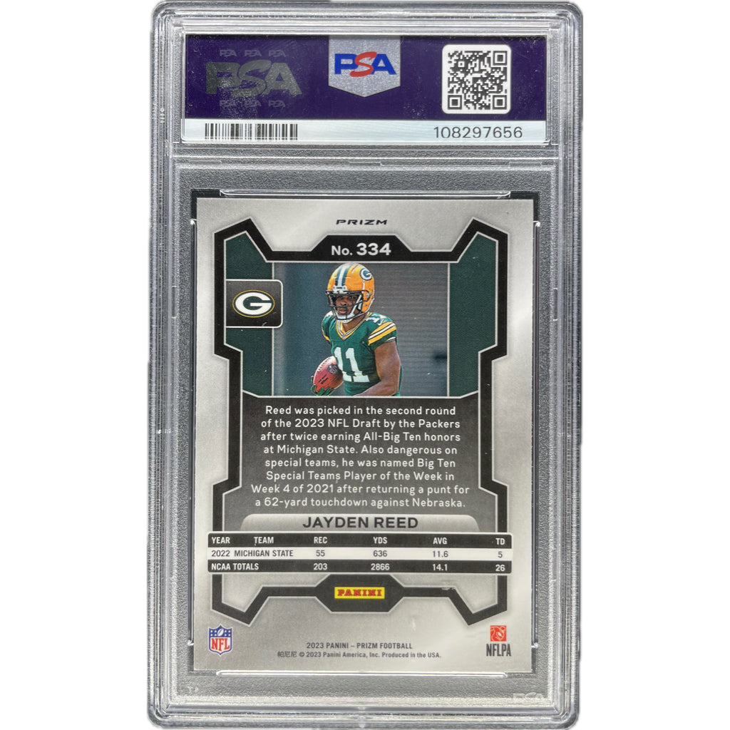 Jayden Reed - 2023 Panini Prizm Green Wave On-Card Auto PSA Graded Trading Card