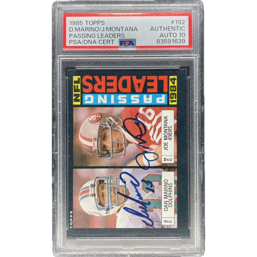 Dan Marino / Joe Montana - 1985 Topps Passing Leaders On-Card Dual Autograph - PSA Graded Trading Card