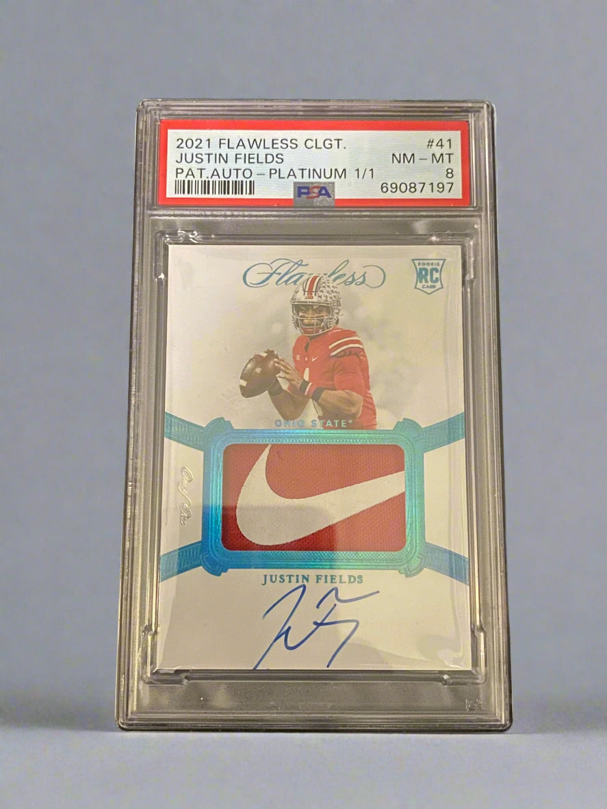 Justin Fields - 2021 Flawless Collegiate Nike Swoosh Rookie Patch Autograph Platinum 1/1 PSA Graded Trading Card