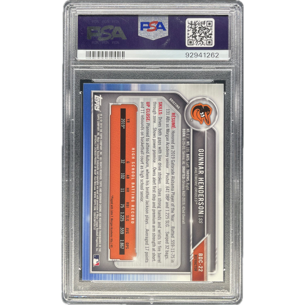 Gunner Henderson - 2019 Bowman Draft Chrome Refractor On-Card Autograph - PSA Graded Trading Card