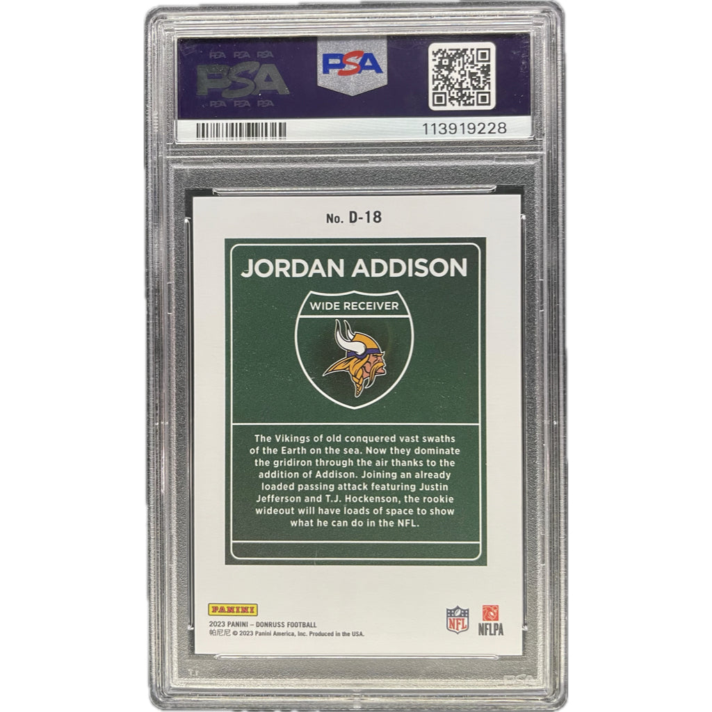 Jordan Addison - 2023 Donruss Downtown On-Card Autograph PSA Graded Trading Card