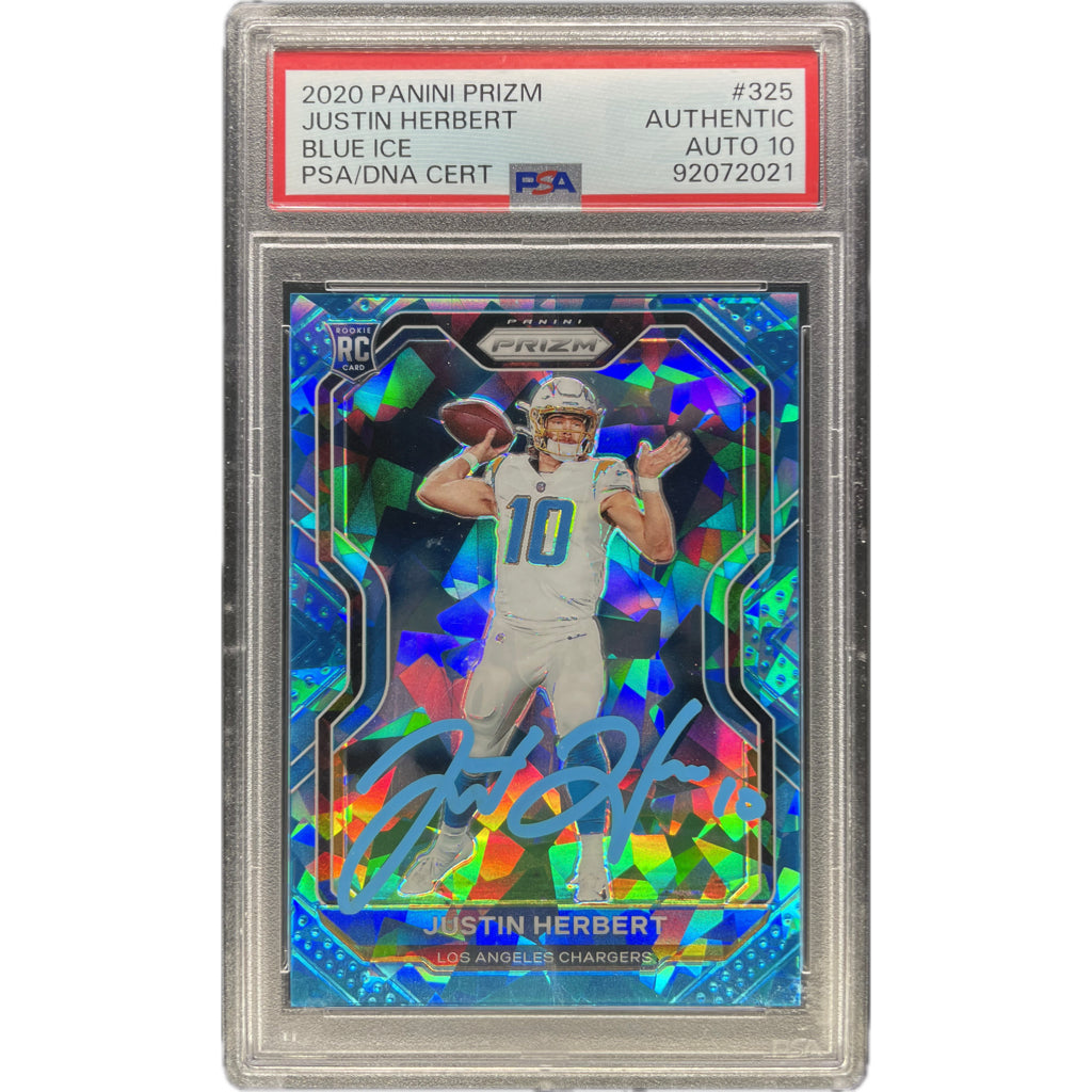 Justin Herbert - 2020 Panini Prizm Blue Ice On-Card Auto PSA Graded Trading Card