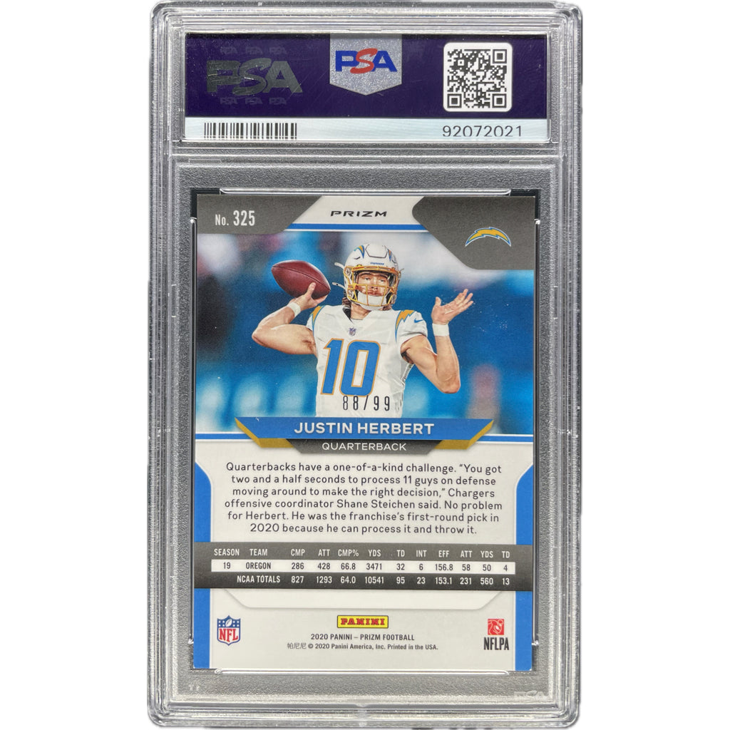 Justin Herbert - 2020 Panini Prizm Blue Ice On-Card Auto PSA Graded Trading Card