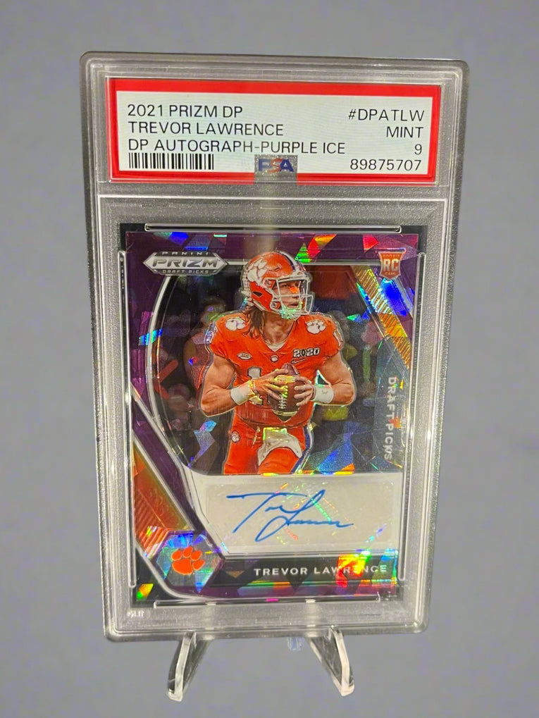 Trevor Lawrence - 2021 Prizm Draft Pick DP Autograph-Purple Ice PSA Graded Trading Card