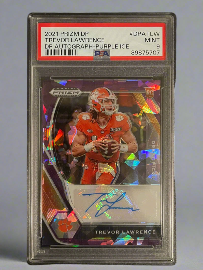 Trevor Lawrence - 2021 Prizm Draft Pick DP Autograph-Purple Ice PSA Graded Trading Card
