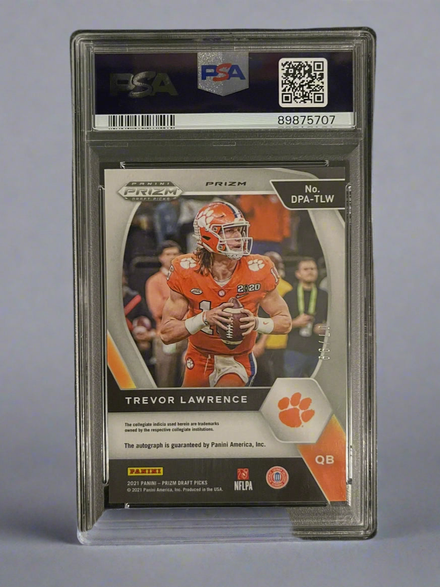Trevor Lawrence - 2021 Prizm Draft Pick DP Autograph-Purple Ice PSA Graded Trading Card