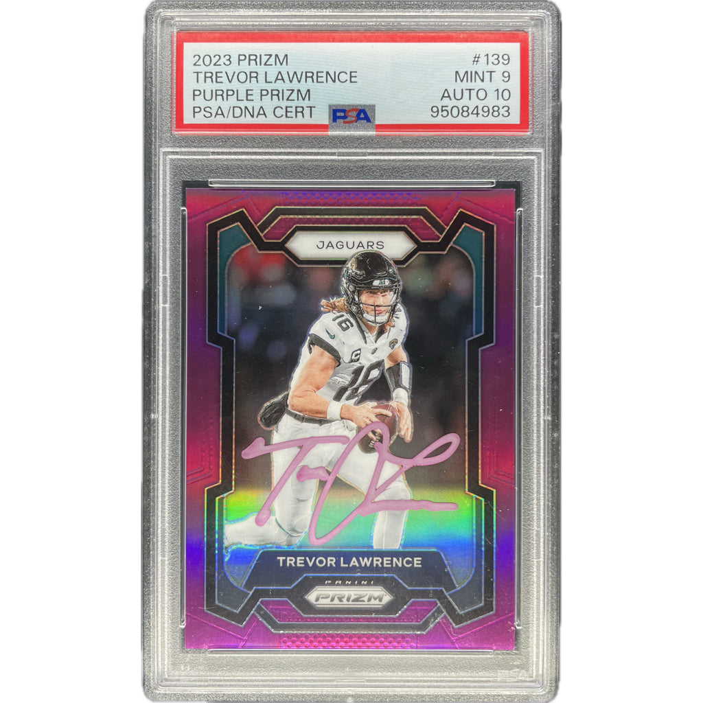 Trevor Lawrence - 2023 Panini Prizm Purple Prizm On-Card Auto PSA Graded Trading Card