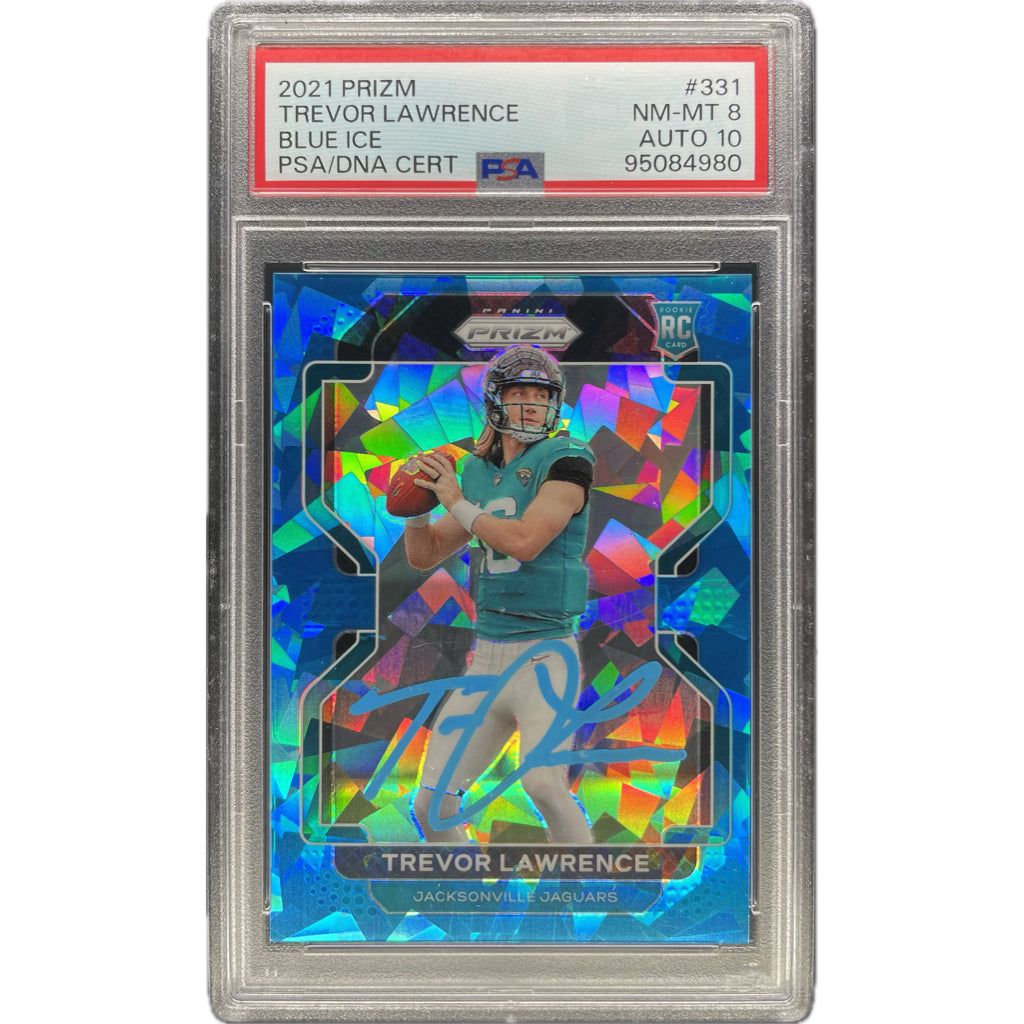 Trevor Lawrence - 2021 Panini Prizm Rookie Card Blue Ice On-Card Auto PSA Graded Trading Card