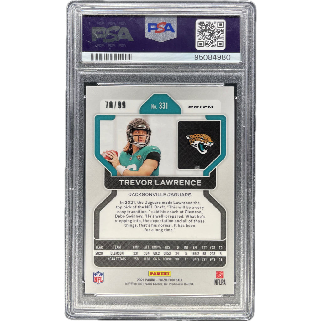 Trevor Lawrence - 2021 Panini Prizm Rookie Card Blue Ice On-Card Auto PSA Graded Trading Card