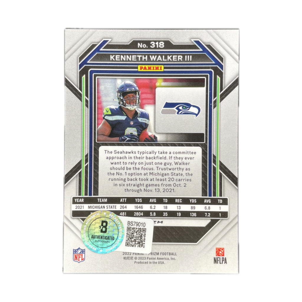 Kenneth Walker III - 2022 Prizm No Huddle Silver Disco On-Card Autograph - Beckett Authenticated Trading Card
