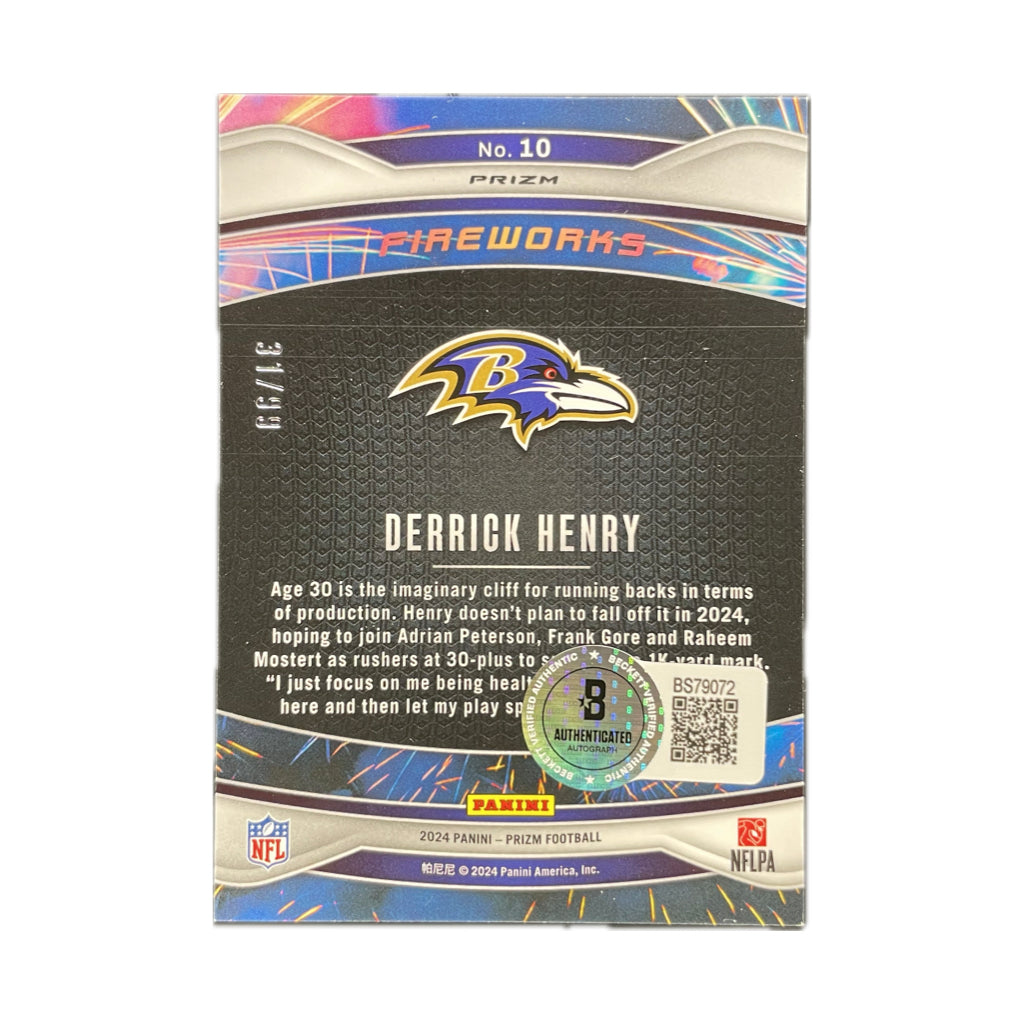 Derrick Henry - 2024 Prizm Blue Fireworks Ice On-Card Autograph - Beckett Authenticated Trading Card