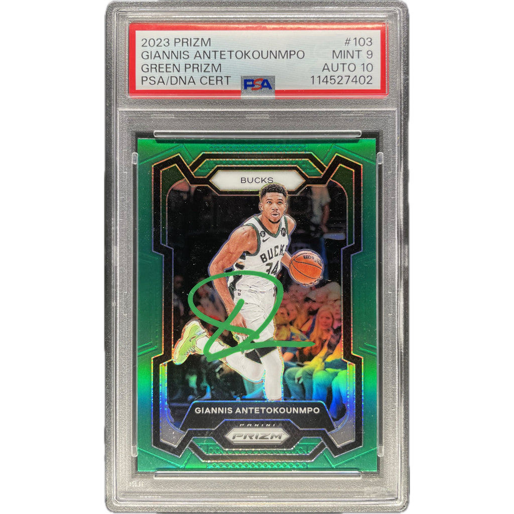 Giannis Antetokounmpo - 2023 Prizm Green Prizm On-Card Autograph - PSA Authenticated Trading Card
