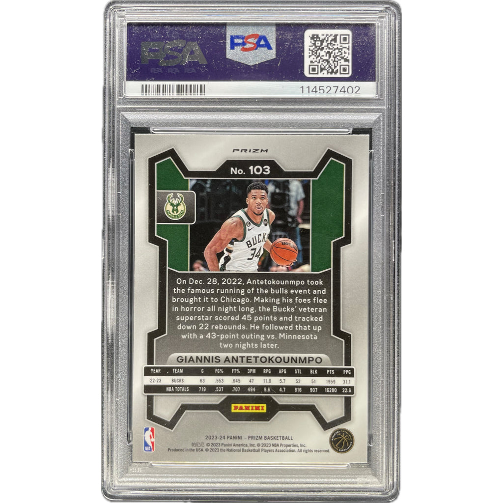 Giannis Antetokounmpo - 2023 Prizm Green Prizm On-Card Autograph - PSA Authenticated Trading Card