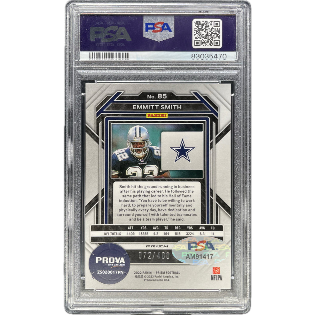 Emmitt Smith - 2022 Panini Prizm Pandora #/400 On-Card Autograph - PSA Graded Trading Card