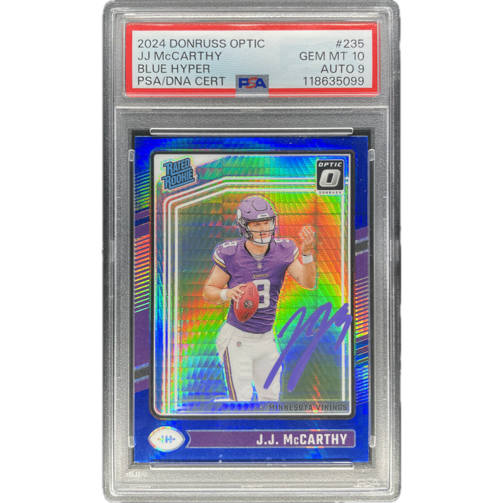 J.J. McCarthy - 2024 Donruss Optic Blue Hyper On-Card Autograph - PSA Graded Trading Card
