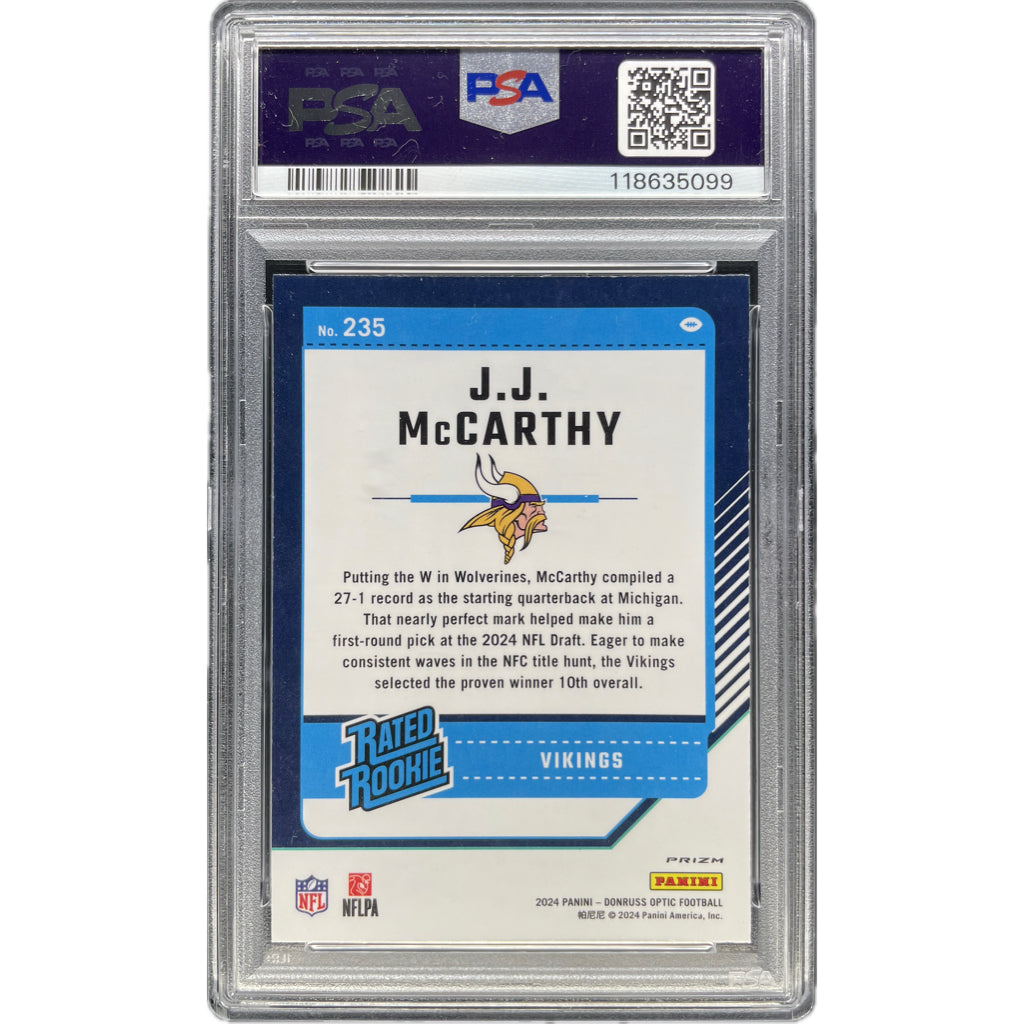 J.J. McCarthy - 2024 Donruss Optic Blue Hyper On-Card Autograph - PSA Graded Trading Card