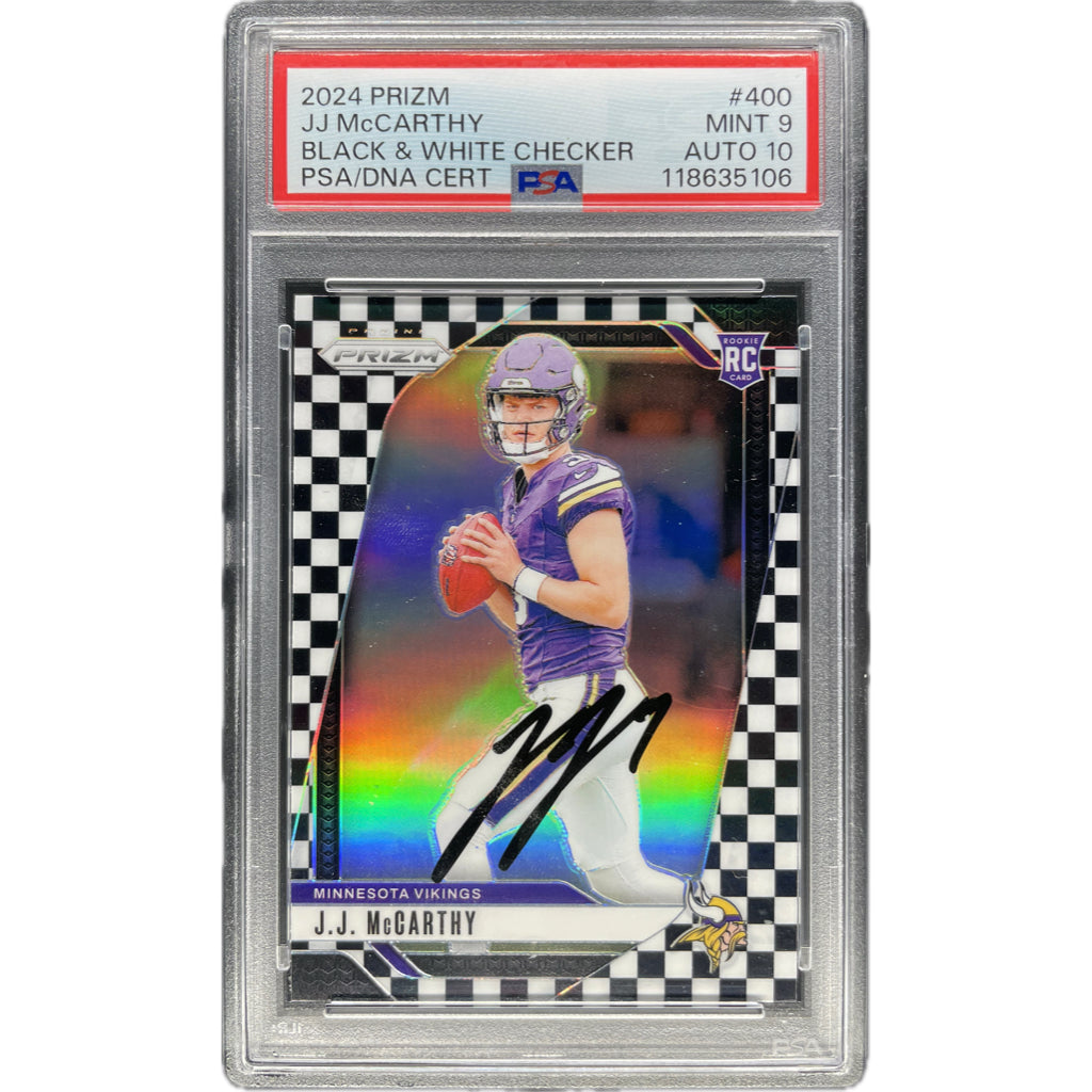 J.J. McCarthy - 2024 Prizm Black & White Checker On-Card Autograph - PSA Graded Trading Card
