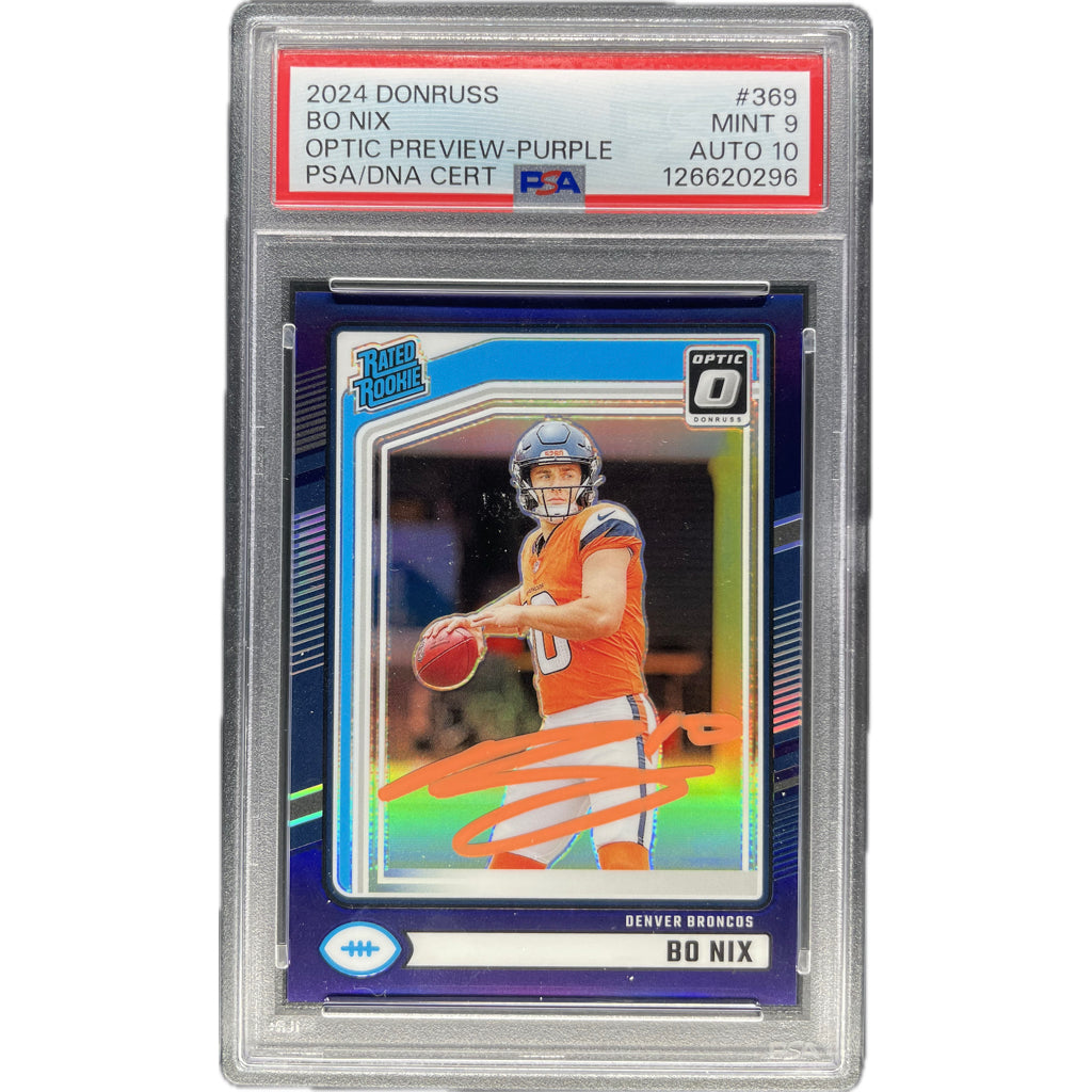 Bo Nix - 2024 Donruss Optic Preview-Purple On-Card Autograph - PSA Graded Trading Card