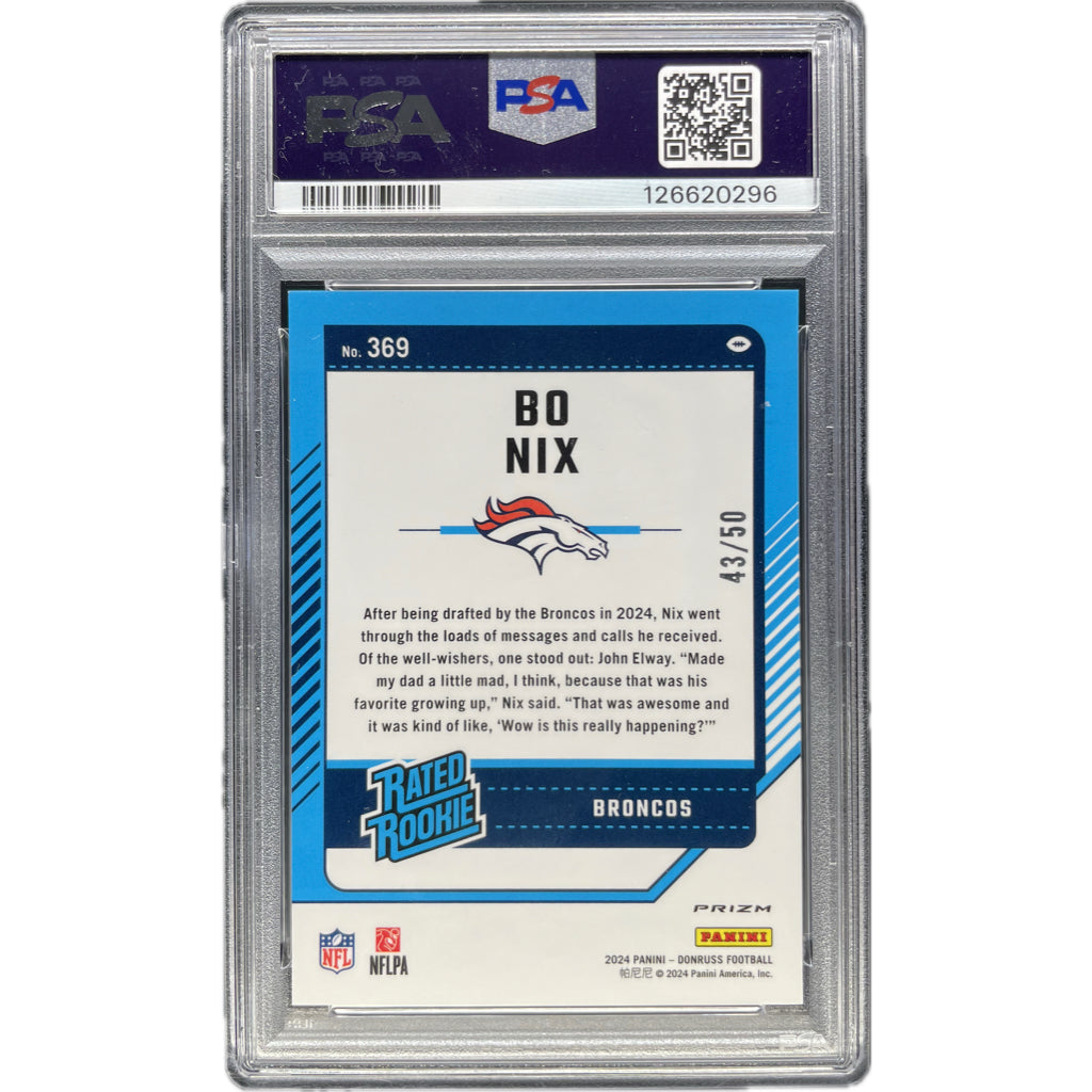 Bo Nix - 2024 Donruss Optic Preview-Purple On-Card Autograph - PSA Graded Trading Card