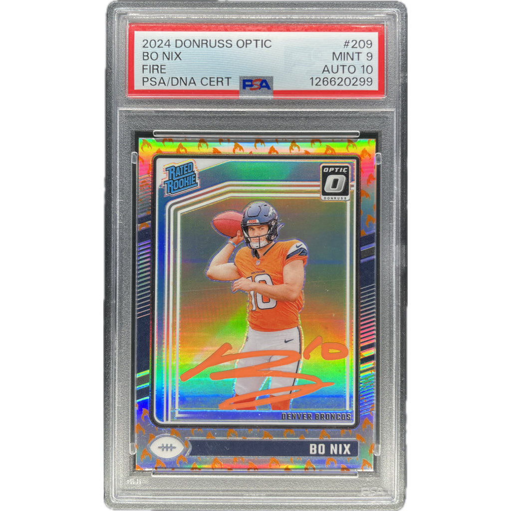 Bo Nix - 2024 Donruss Optic Fire On-Card Autograph - PSA Graded Trading Card