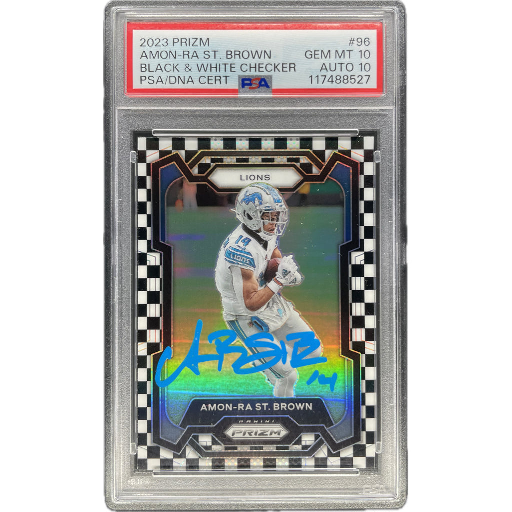 Amon-Ra St.Brown - 2023 Prizm Black & White Checker On-Card Autograph - PSA Graded Trading Card