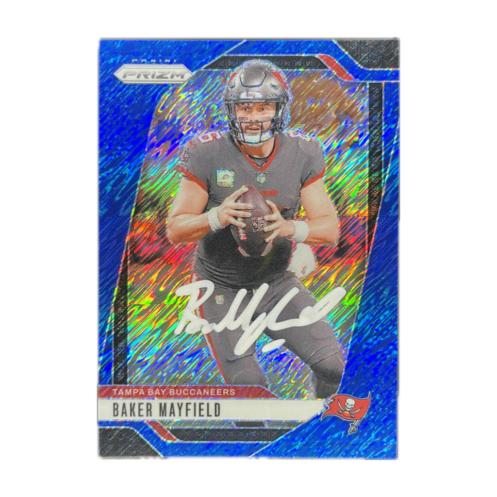 Baker Mayfield - 2023 Prizm Blue Shimmer On-Card Autograph - Beckett Authenticated Trading Card