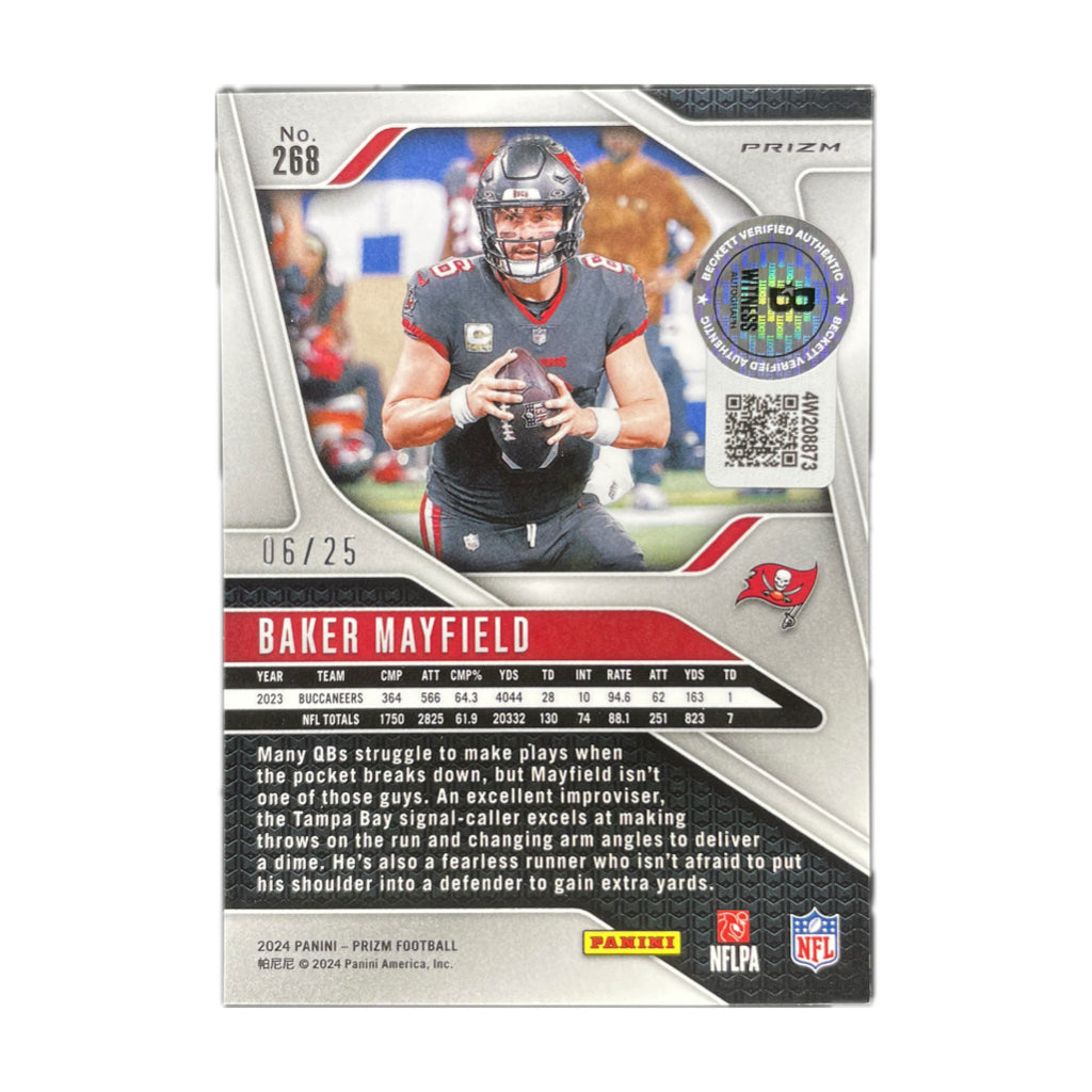 Baker Mayfield - 2023 Prizm Blue Shimmer On-Card Autograph - Beckett Authenticated Trading Card