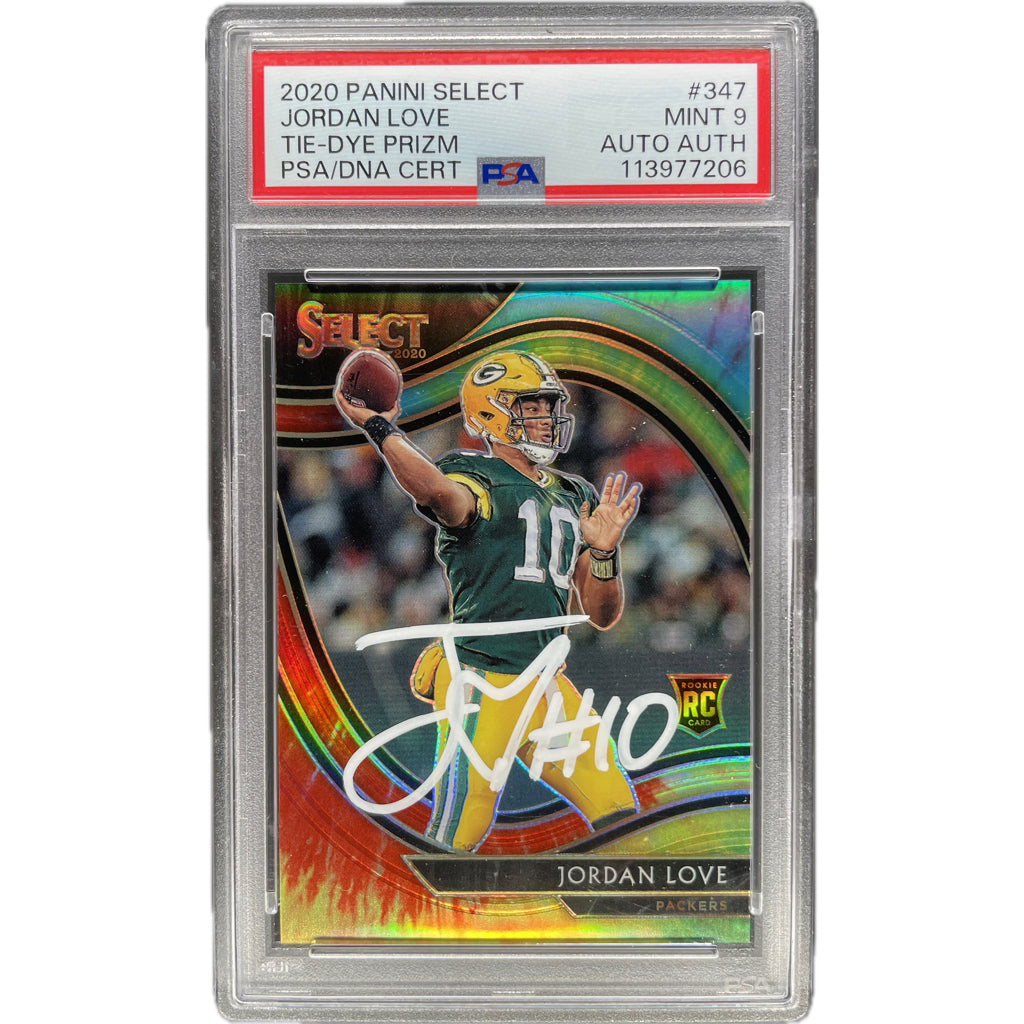 Jordan Love - 2020 Panini Select Rookie Card Tie - Dye Prizm On-Card Auto PSA Graded Trading Card