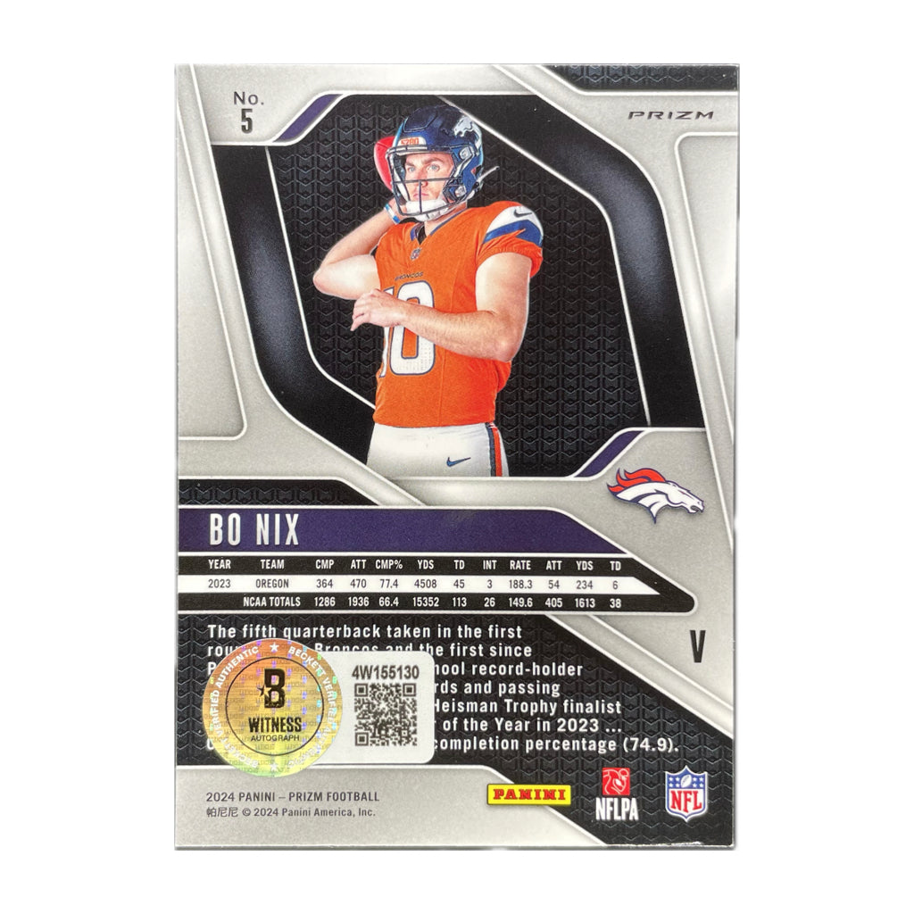 Bo Nix - 2024 Prizm Silver Variation On-Card Autograph - Beckett Authenticated Trading Card