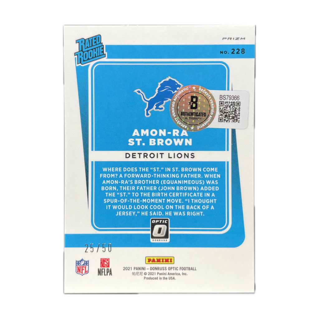 Amon-Ra St.Brown - 2021 Donruss Optic Rated Rookie Blue On-Card Autograph - Beckett Authenticated Trading Card