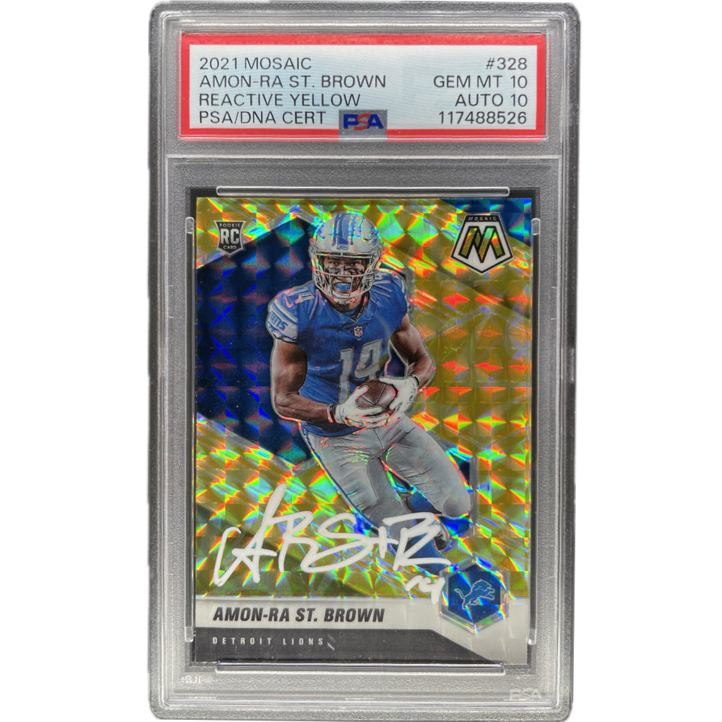 Amon-Ra St.Brown - 2021 Mosaic Reactive Yellow On-Card Autograph - Beckett Authenticated Trading Card