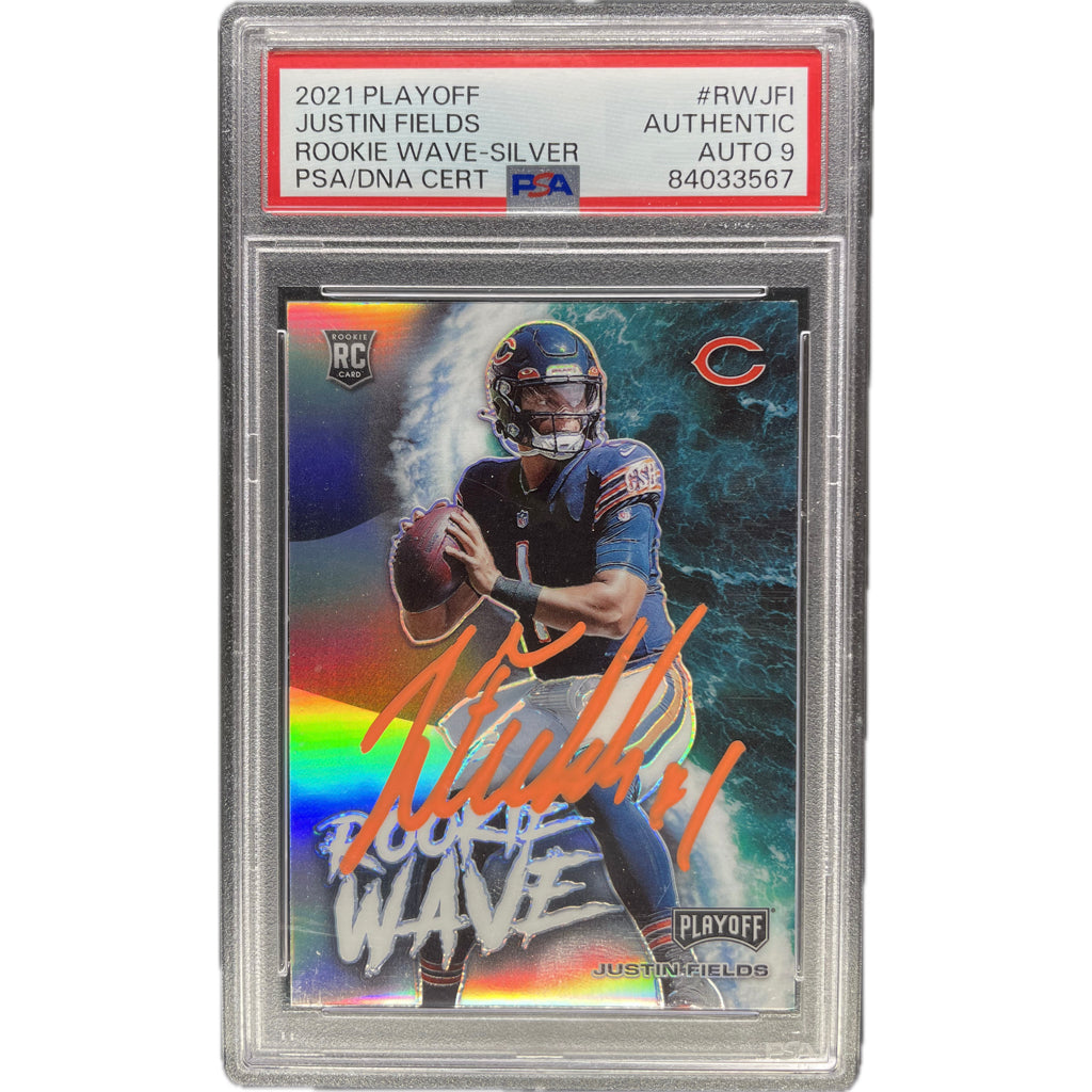 2021 Panini Playoff Rookie Wave Justin Fields Silver #RWJFI PSA AUTH Auto 9