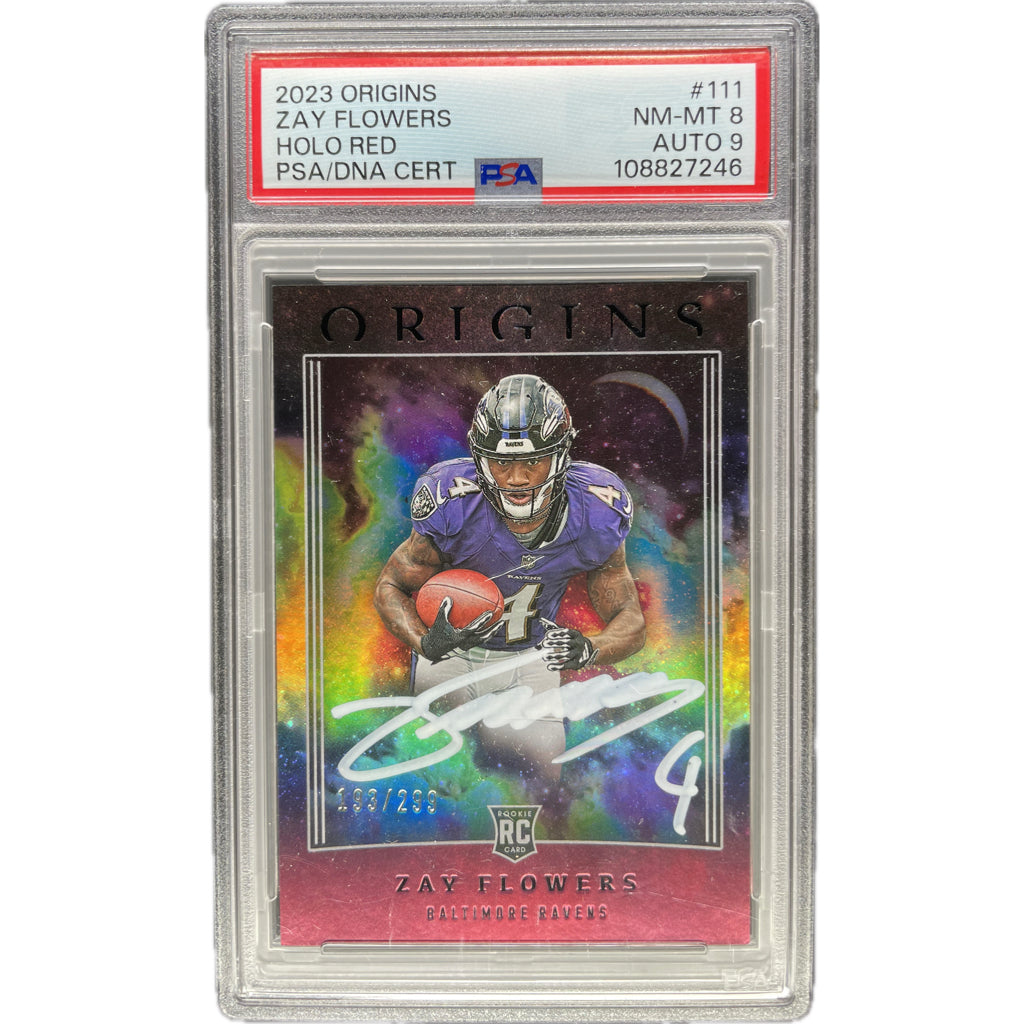 2023 Panini Origins Zay Flowers Holo Red #111 PSA 8 Auto 9